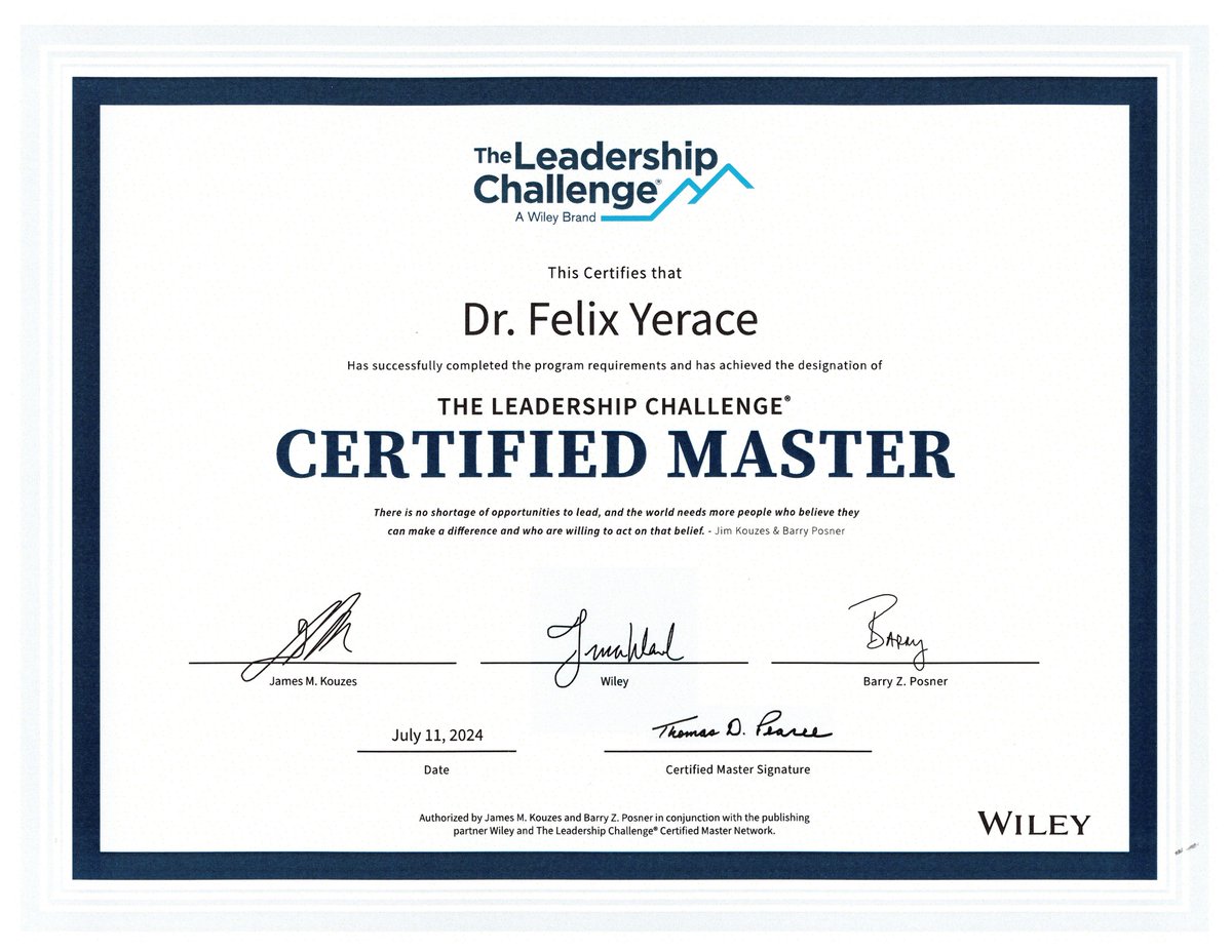 Felix Yerace (@felixyerace) on Twitter photo Excited to have completed the process to become a Certified Master for The Leadership Challenge by <a href="/Jim_Kouzes/">Jim Kouzes</a> and <a href="/bzposner/">Barry Posner</a> <a href="/KouzesPosner/">Kouzes and Posner</a> with the help of <a href="/ileadusa/">iLead USA</a> and to be able to better help empower leaders! @TLCTalk Excited to have completed the process to become a Certified Master for The Leadership Challenge by <a href="/Jim_Kouzes/">Jim Kouzes</a> and <a href="/bzposner/">Barry Posner</a> <a href="/KouzesPosner/">Kouzes and Posner</a> with the help of <a href="/ileadusa/">iLead USA</a> and to be able to better help empower leaders! @TLCTalk