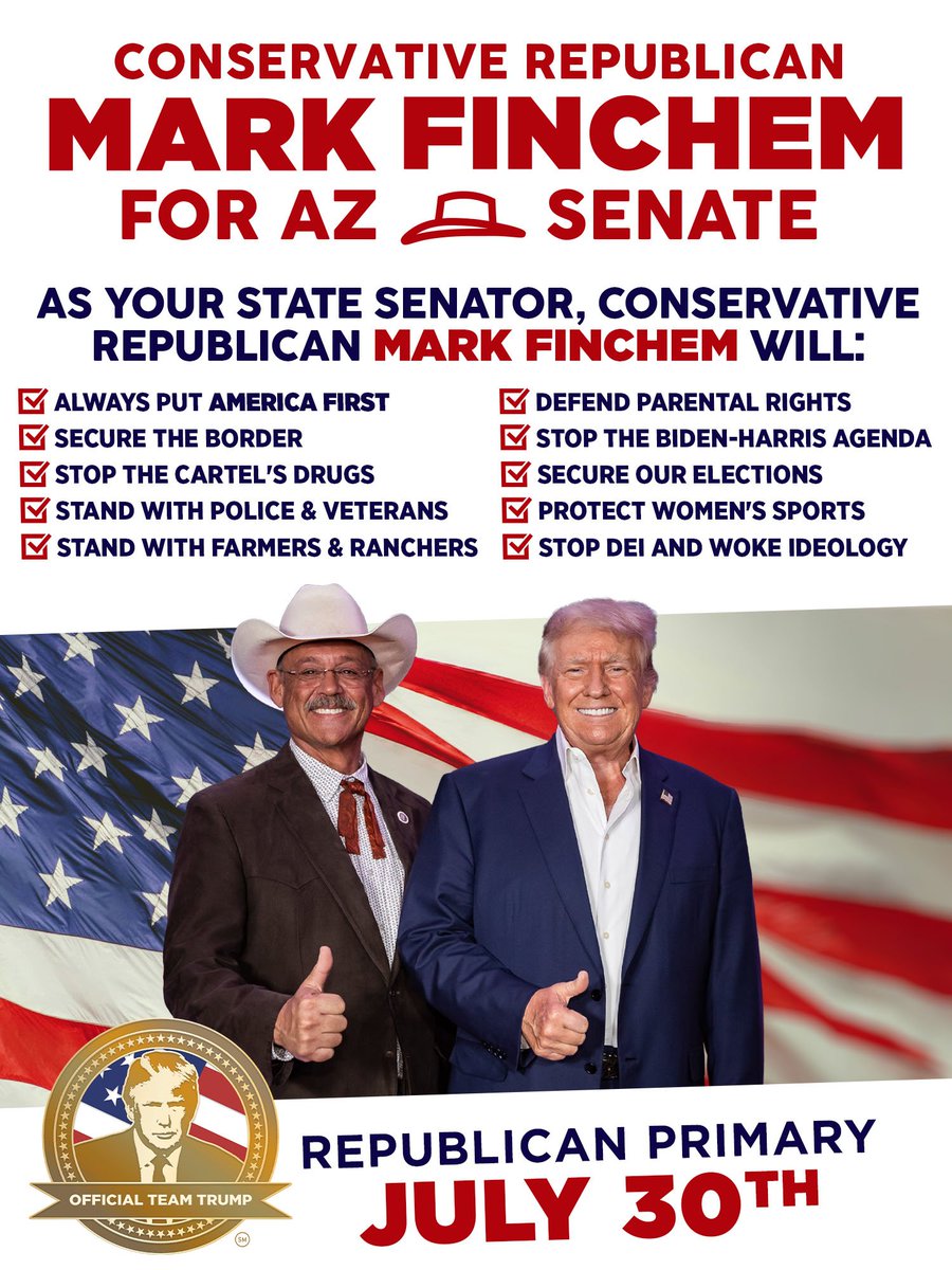 RealMarkFinchem's tweet image. I am the conservative Republican running for State Senate #LD1 and I ask for your vote.

I am endorsed by President Trump.

President Trump knows as a retired police officer and conservative legislator, I will fight for law and order, securing our elections, border security, your