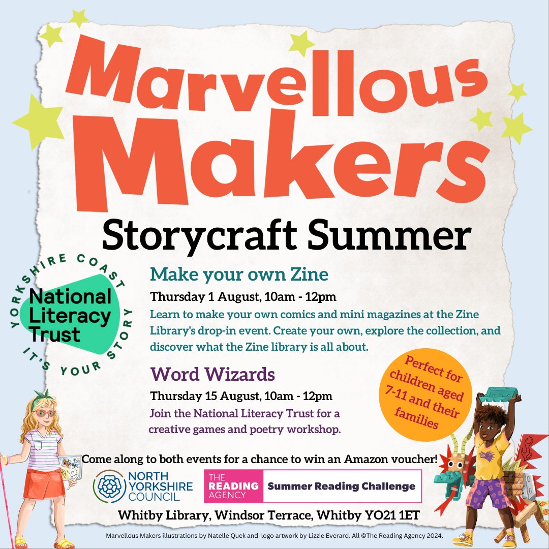 Whitby Library Uk (@ukwhitbylibrary) on Twitter photo Our next Summer Reading Challenge event is Thursday 1st August! Make your own Zine with the <a href="/Literacy_Trust/">National Literacy Trust</a> Yorkshire Coast team.
Starting at 10am, enjoy a couple of hours getting creative! Perfect for ages 7-11. FREE, just make sure you're signed up to the Challenge first! Our next Summer Reading Challenge event is Thursday 1st August! Make your own Zine with the <a href="/Literacy_Trust/">National Literacy Trust</a> Yorkshire Coast team.
Starting at 10am, enjoy a couple of hours getting creative! Perfect for ages 7-11. FREE, just make sure you're signed up to the Challenge first!