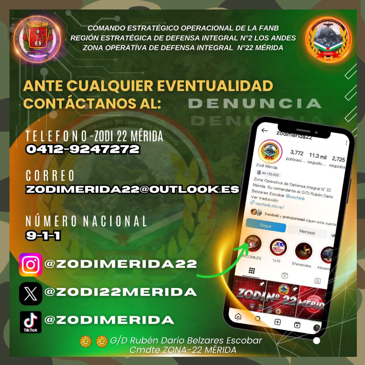 #FANB #ZODI-22 MÉRIDA 
EN CASO DE ALGUNA EVENTUALIDAD O EMERGENCIAS  llama a los números  de atención al usuario, estamos para servirte y poder ayudar en la solución. #TRIUNFAR  Mérida  Cuenta con una ZODI N°22 en pro de la protección  y la seguridad del pueblo.