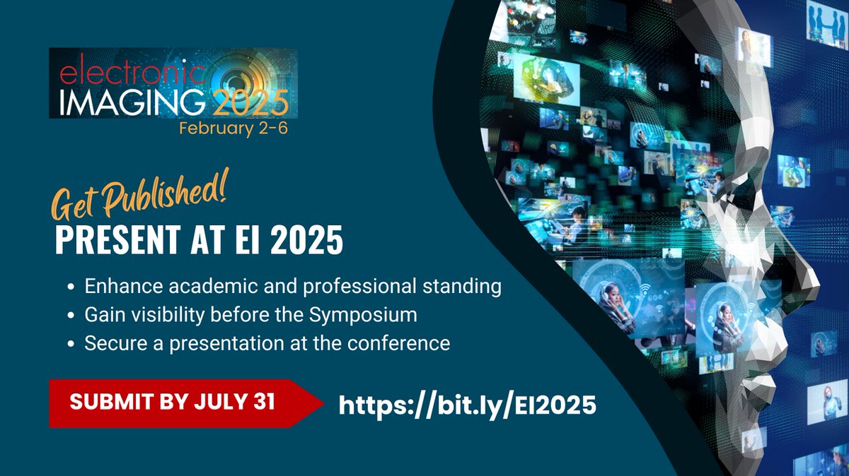 ⏰Reminder: Journal-first submission deadline for #EI2025 is July 31! Get published in an IS&amp;T Journal, gain exposure, and secure a conference presentation. Details: 🔗 bit.ly/EI25-CFP
#ImagingScience #Research