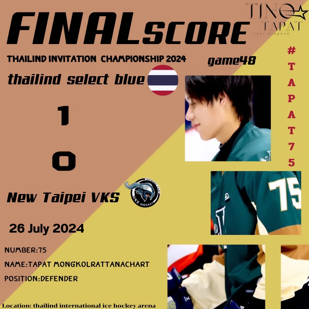 tinofanclub's tweet photo. Final score to TINOTAPAT 🐯🏒
Thailand invitation championship U15 & U18 championship 2024
Thailand select blue vs New Taipei VKS
ทีมblueเก่งมากค่า💙💙 ขึ้นที่2แล้วคับ
#TAPAT75 #TINOTAPAT https://t.co/lQ0tZW5IWV