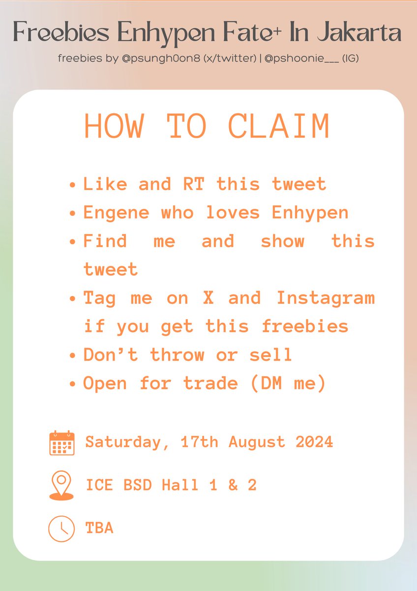✨️ FREEBIES ENHYPEN FATE+ IN JAKARTA ✨️  by <a href="/psungh0on8/">ᐢ•ㅅ•ᐢ 𝒄𝒂𝒄𝒂</a> 

🗓️ Sat, 17th Aug 2024
📍ICE BSD Hall 1&amp;2

☆ Like &amp; rt this tweet
☆ Find me and show this tweet
☆ Tag me if u get this freebies
☆ Don't throw/sell
☆ Dm me for trade

#FATEPLUS_IN_JAKARTA
#ENHYPEN