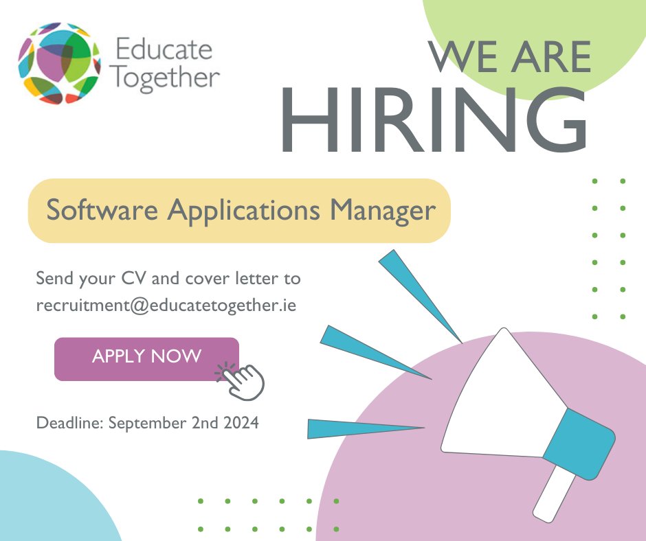 We're hiring a Software Applications Manager to lead a two-year project to improve our national office’s IT systems. If you have strong IT and project management skills, we want to hear from you! For more info and to apply, visit educatetogether.ie/about/careers/
#jobfairy #EducateTogether