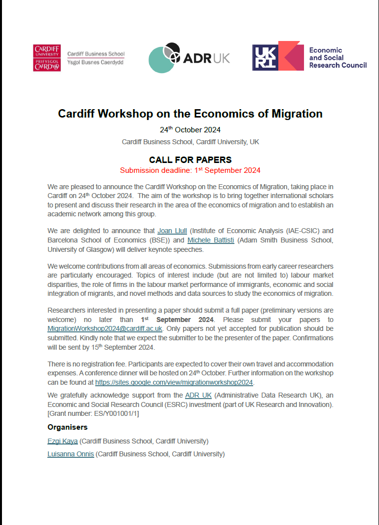 📢Excited to announce the Cardiff Workshop on the Economics of Migration! 🗓️24th Oct. Keynotes by <a href="/JoanLlull_econ/">Joan Llull (Econ)</a> &amp; <a href="/michelebattisti/">Michele Battisti</a>. 📄Submit your papers by 1st Sept. Details 👉bit.ly/4c3h1RX  #MigrationEconomics #CallForPapers  <a href="/OnnisLuisanna/">Luisanna Onnis</a> <a href="/cardiffbusiness/">Cardiff Business School</a> <a href="/adr_uk/">ADR UK</a>