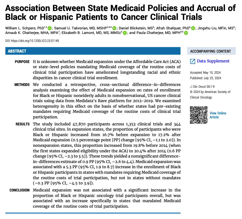 William Schpero (@wschpero) on Twitter photo š¢There are long-standing disparities in clinical trial participation in the United States.
In a new study in <a href="/JCO_ASCO/">Journal of Clinical Oncology</a>, we provide evidence that Medicaid may be an important lever for addressing them.
ā”ļøascopubs.org/doi/10.1200/JCā¦
1/N š¢There are long-standing disparities in clinical trial participation in the United States.
In a new study in <a href="/JCO_ASCO/">Journal of Clinical Oncology</a>, we provide evidence that Medicaid may be an important lever for addressing them.
ā”ļøascopubs.org/doi/10.1200/JCā¦
1/N