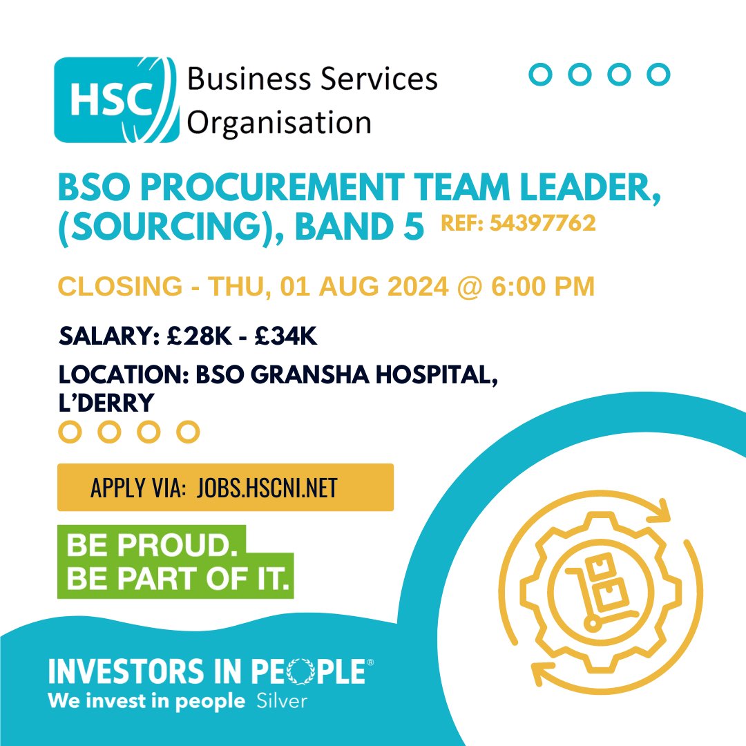 BSO_NI's tweet photo. @BSO_NI are recruiting for a Procurement Team Leader (Sourcing), Band 5

For more information and to apply:
https://t.co/lqoQmbbClF

#BSO #MakingADifference #hsc #hscjobs #PaLS #TeamLeader #LDerry #NIjobs https://t.co/UBJkT279wP