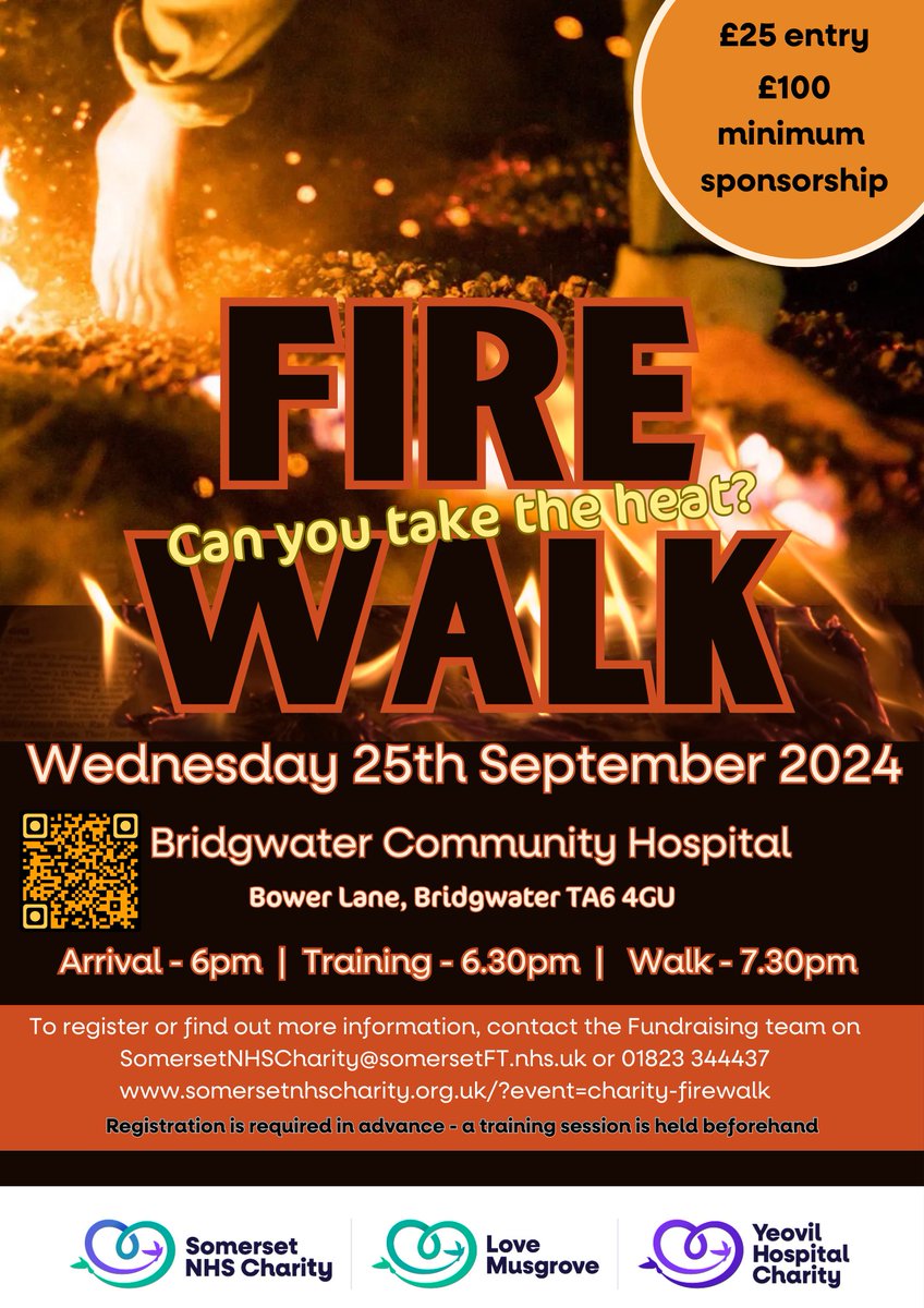 Only 2 months until our first ever Fire Walk. 

If you are up for the challenge and want to raise funds for your local NHS, you can sign up via: somersetnhscharity.org.uk/?event=charity… 

Registration fee £25 | Minimum sponsorship £100.
#firewalk #challenge #firewalker