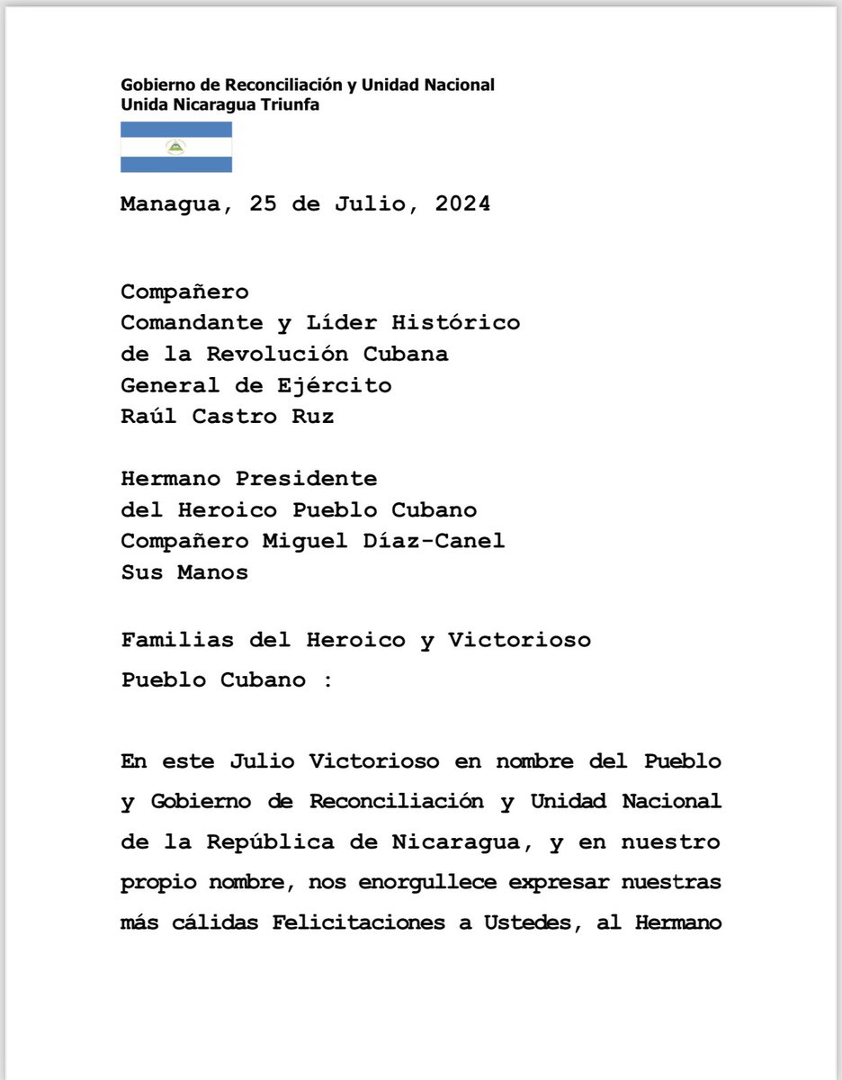 🇳🇮 Mensaje del Gobierno de #Nicaragua al pueblo y Gobierno de #Cuba en ocasión del 71 aniversario del Heroico Asalto al Cuartel Moncada.   #LaHistoriaPorAsalto