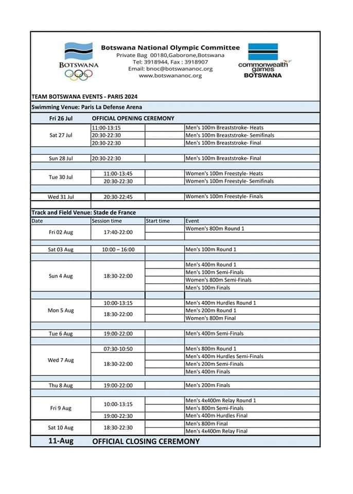 Paris 2024 Team Botswana event schedule
#Paris2024 
#goteambw