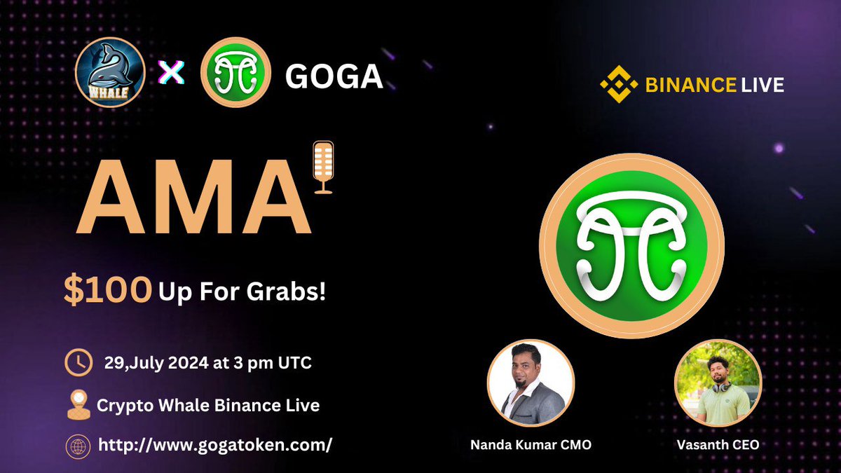 GOGA giveaway $1500 

Fill this Form and Get rewards.
form.jotform.com/24198867938808… 

Join AMA  winners will get reward of $1500 worth GOGA Tokens.
 AMA on 29.07.2024 at 3 pm UTC  
Rewards : 100 USDT  
Venue: binance.com/en/live/u/2747… 
Rules: 
Follow 
<a href="/GOGATOKEN/">God Of Games</a>