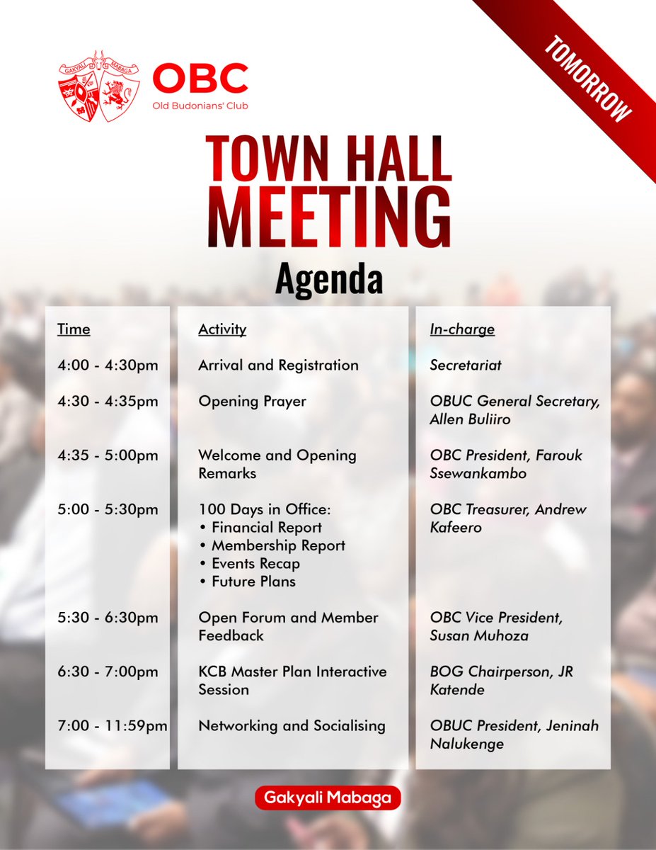 Tomorrow at 4 PM, the newly elected OBC EXCO for 2024-2026 will celebrate their first 100 days in office at the OBC premises in Kisaasi. Additionally, there will be an engagement with members to discuss how we can solidify the legacy of this association. See You there!
