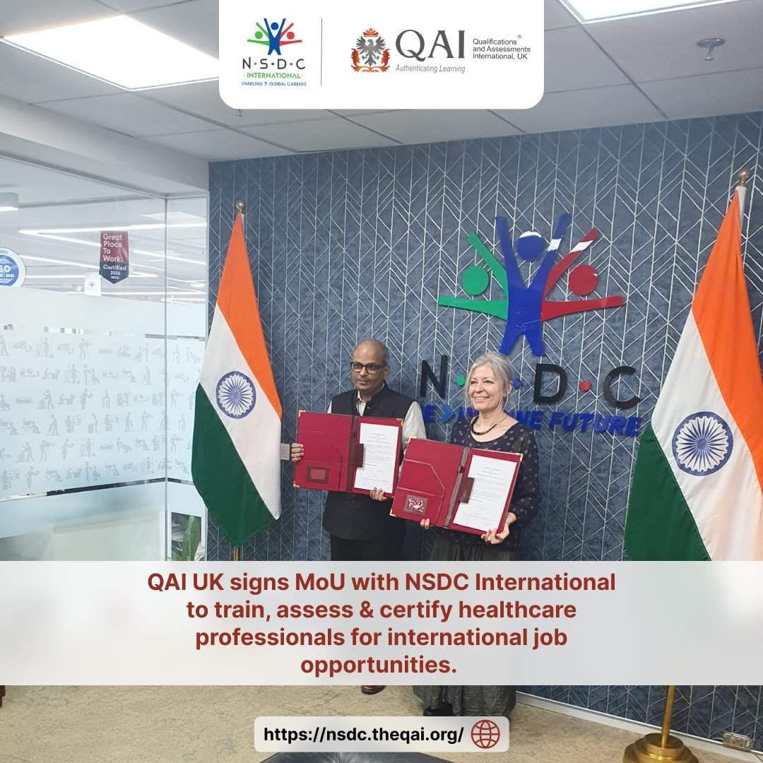 QAIUK's tweet photo. QAI UK signs MoU with NSDC International to train, assess &amp; certify healthcare professionals for international job opportunities. 
@NSDCIndia

#Health  #healthcare #hospital  #nurses  #care  #healthcareworkers  #caregiver https://t.co/tbwqg8Ze1l