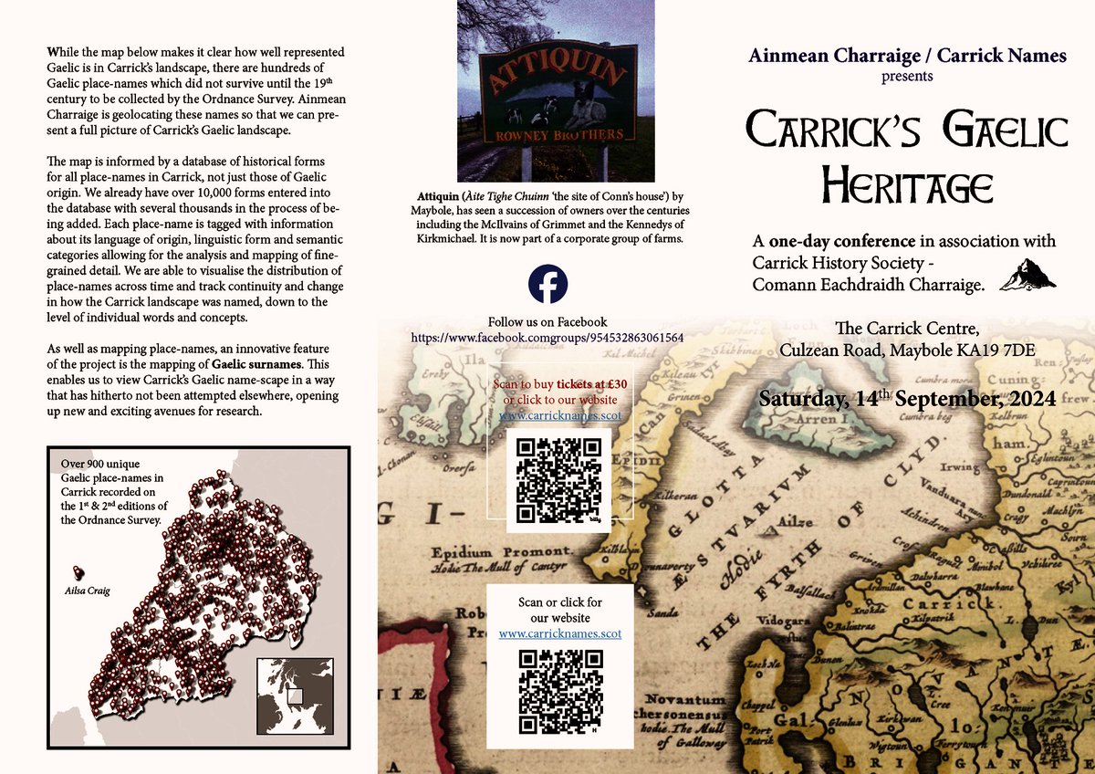 Ainmean Charraige/Carrick Names is holding a one-day conference on the subject of Carrick's Gaelic Heritage. Sign-up and tickets are available now for the conference held at the Carrick Centre, Maybole on 14 September 2024: tickettailor.com/events/ainmean…