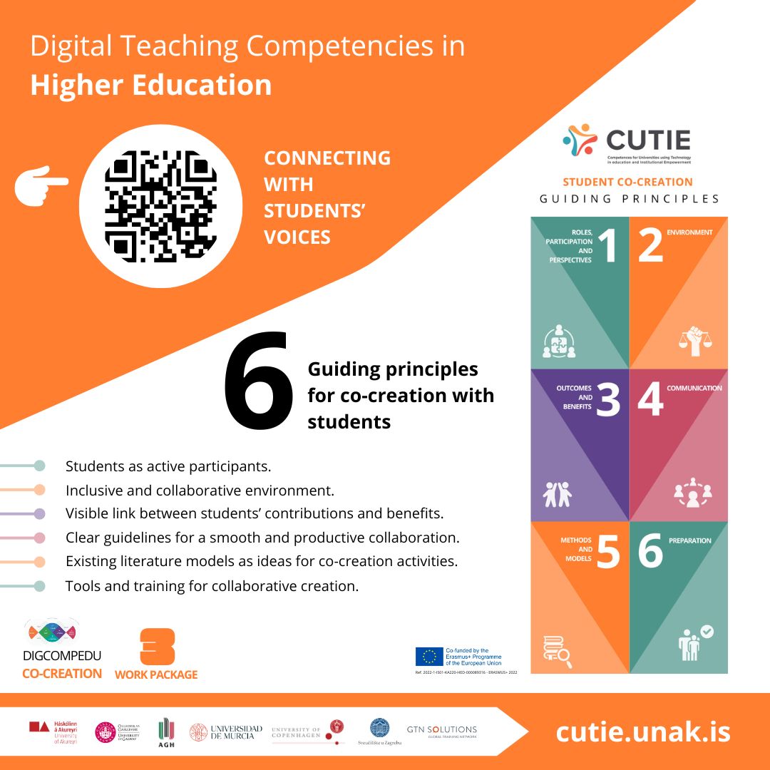 CUTIE Project (@cuteproject_eu) on Twitter photo CUTIE Project WP3 - We keep moving forward!🌟 Here're the 6 GUIDING PRINCIPLES OF CO-CREATION WITH STUDENTS ➡️AND… don’t miss the key elements in Connecting with Students’ Voices at: digitum.um.es/digitum/bitstr…
Students are the main focus of education in HEIs🎓Collaborate with them! CUTIE Project WP3 - We keep moving forward!🌟 Here're the 6 GUIDING PRINCIPLES OF CO-CREATION WITH STUDENTS ➡️AND… don’t miss the key elements in Connecting with Students’ Voices at: digitum.um.es/digitum/bitstr…
Students are the main focus of education in HEIs🎓Collaborate with them!