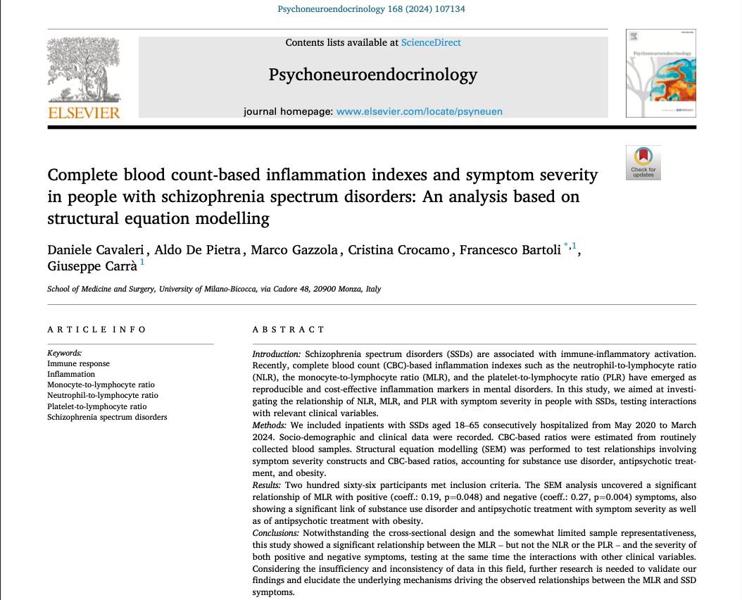 UNIMIB Psychiatry - Milano Lab (@unimib_psychiat) on Twitter photo Our new study reveals a link between the monocyte-to-lymphocyte ratio and symptom severity in schizophrenia spectrum disorders.
#Schizophrenia #Research #MentalHealth #Inflammation
<a href="/unimib/">Università degli Studi di Milano-Bicocca</a> <a href="/ElsevierConnect/">Elsevier</a> <a href="/PNECJournal/">Psychoneuroendocrinology</a>
doi.org/10.1016/j.psyn… Our new study reveals a link between the monocyte-to-lymphocyte ratio and symptom severity in schizophrenia spectrum disorders.
#Schizophrenia #Research #MentalHealth #Inflammation
<a href="/unimib/">Università degli Studi di Milano-Bicocca</a> <a href="/ElsevierConnect/">Elsevier</a> <a href="/PNECJournal/">Psychoneuroendocrinology</a>
doi.org/10.1016/j.psyn…