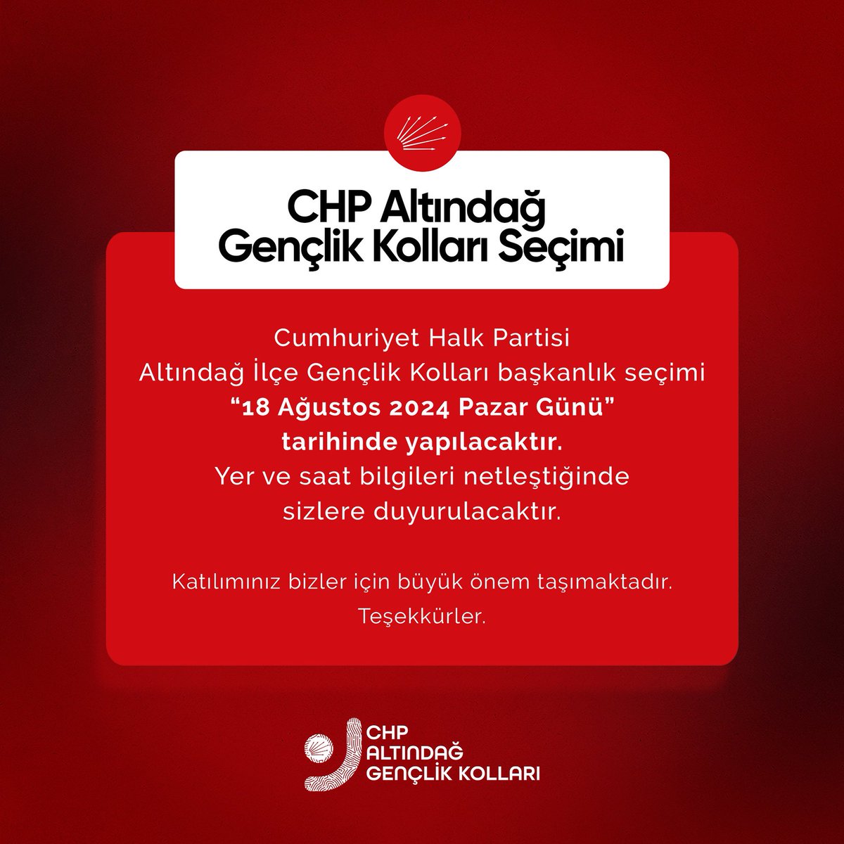 Genç Üyelerimizin Bilgisine❗️

Gençlik Kolları seçimimiz 18 Ağustos Pazar Günü olacaktır.
Yer ve Saat bilgileri netleştiğinde sizlere duyurulacaktır.
<a href="/TolgaTurgut_06/">Tolga Turgut</a> <a href="/DrErkol/">Dr. Ümit Erkol</a> @gkhanurun7