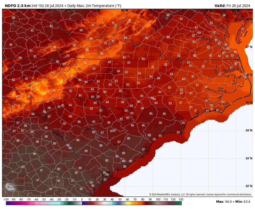 SCweather_wx's tweet photo. Good morning, a muggy start out there with temperatures in the 70s for most. Highs today only in the 80s. Expect widespread storm activity this afternoon into the evening, especially for the Eastern half of the Carolinas. Flash flooding possible again. Today will be the last day of widespread storm activity. The pattern relaxes into the weekend. Have a blessed Friday!