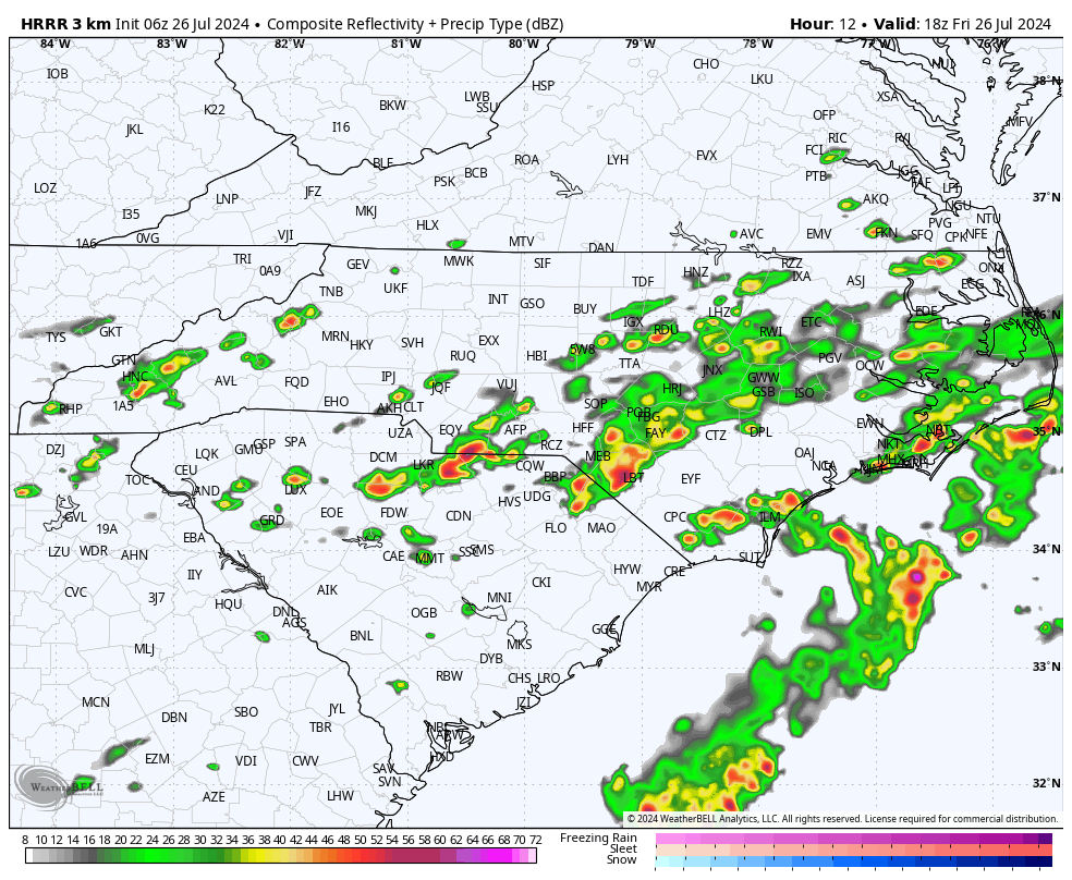 SCweather_wx's tweet photo. Good morning, a muggy start out there with temperatures in the 70s for most. Highs today only in the 80s. Expect widespread storm activity this afternoon into the evening, especially for the Eastern half of the Carolinas. Flash flooding possible again. Today will be the last day of widespread storm activity. The pattern relaxes into the weekend. Have a blessed Friday!