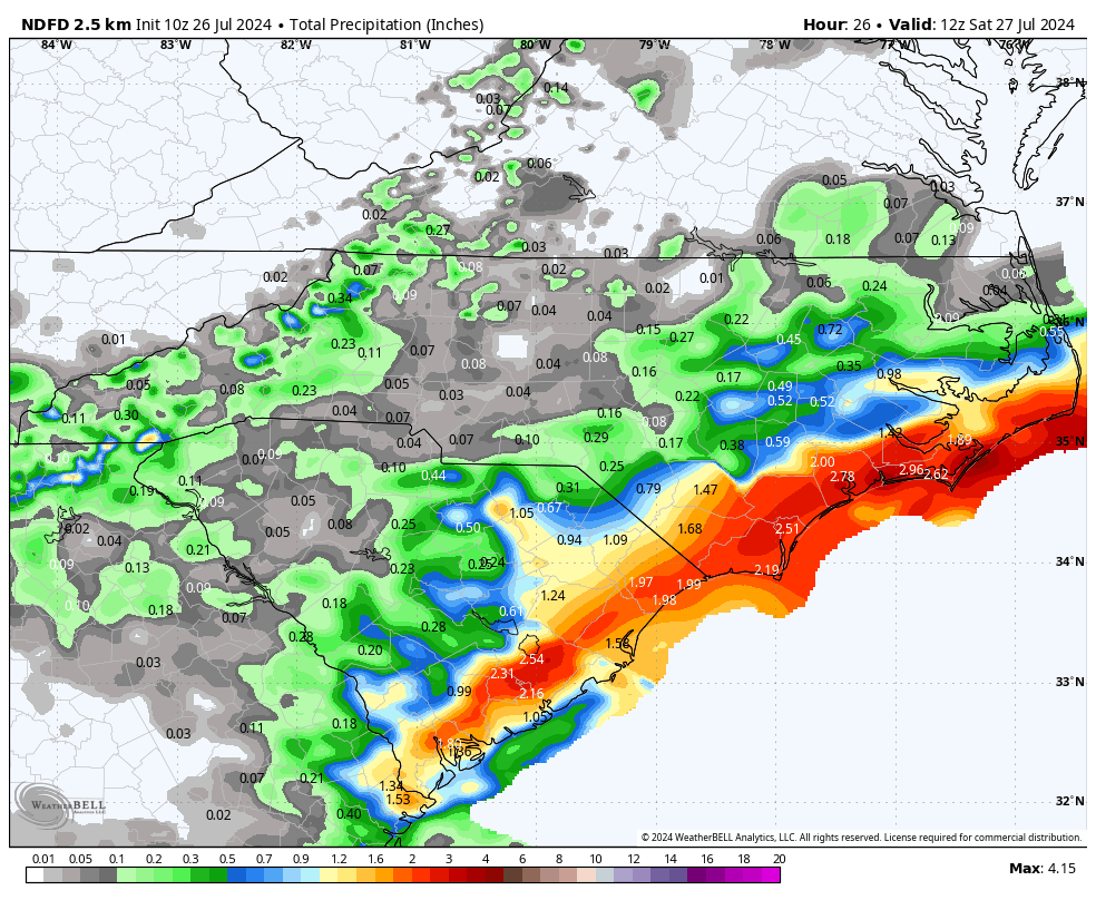 SCweather_wx's tweet photo. Good morning, a muggy start out there with temperatures in the 70s for most. Highs today only in the 80s. Expect widespread storm activity this afternoon into the evening, especially for the Eastern half of the Carolinas. Flash flooding possible again. Today will be the last day of widespread storm activity. The pattern relaxes into the weekend. Have a blessed Friday!