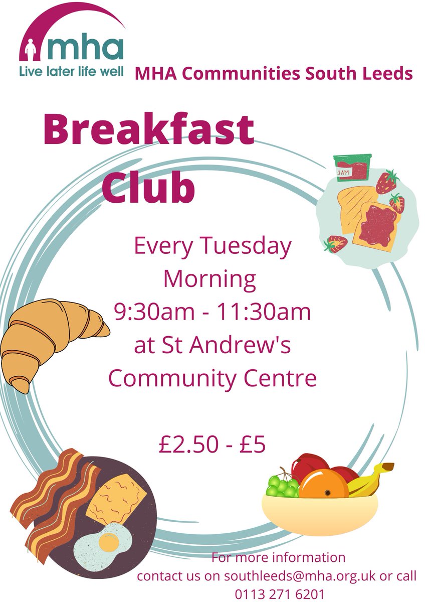 MHA Communities South Leeds (@mhasouthleeds) on Twitter photo Come join us for Breakfast every Friday morning! 🍽️🥓🍳🥪
For more information contact southleeds@mha.org.uk or call 0113 271 6201 Come join us for Breakfast every Friday morning! 🍽️🥓🍳🥪
For more information contact southleeds@mha.org.uk or call 0113 271 6201