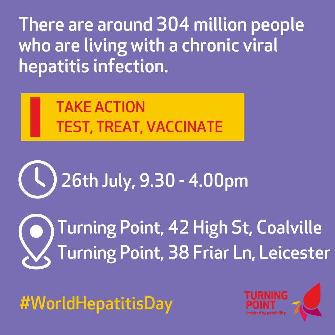 World Hepatitis Day takes place on Sunday 28th July and we're raising awareness across LLR.

Causes of hepatitis are varied however diagnosing it is incredibly simple.  We're offering testing at Turning Point so pop along, speak to our expert team, and get tested today.