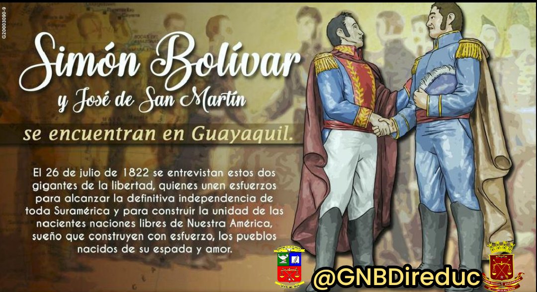 #26Jul de 1822, Bolívar y San Martín se encontraron en Guayaquil, un hito que nos recuerda que la unión de los pueblos es clave para la libertad. Sigamos su ejemplo de hermandad y lucha por nuestros ideales. ¡Viva la Patria Grande!