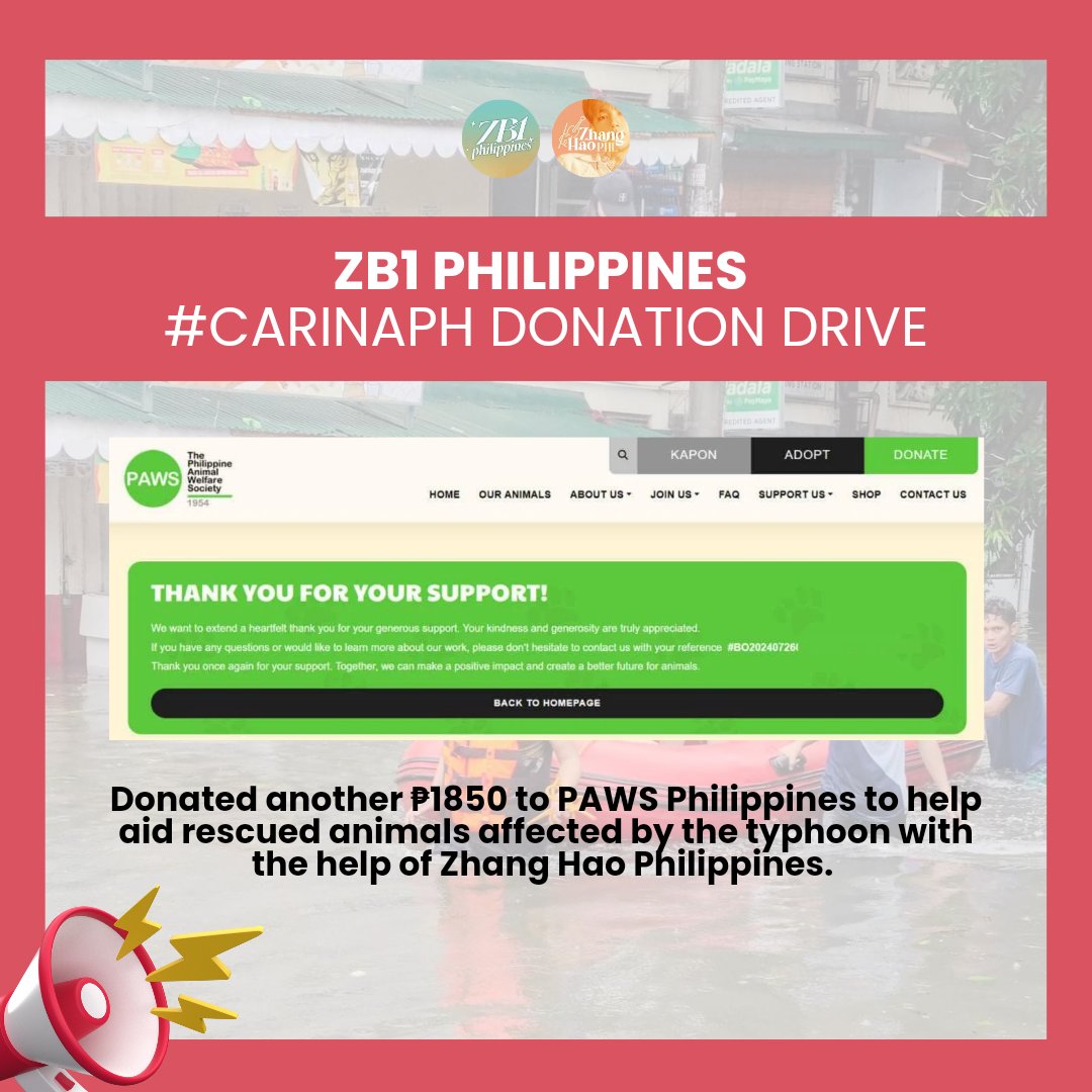 [📢] Animals are important members of our communities and deserve our care. In that spirit, ZB1 Philippines in partnership with Zhang Hao Philippines (<a href="/ZhangHaoPHL/">Zhang Hao Philippines</a>) has generously matched the donation by contributing another ₱1,850 to PAWS Philippines to help aid animals
