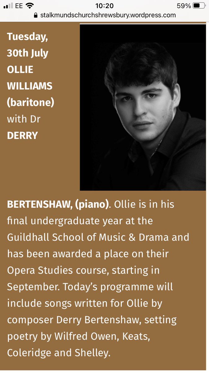 Derry Bertenshaw (@derrybertenshaw) on Twitter photo On Tues 30 July 1pm the exceptionally talented Baritone Ollie Williams with myself on piano will be giving a free lunchtime recital β¦<a href="/StAlkmunds/">St Alkmunds</a>β© . It will include my Wilfred Owen Songs and the public premiΓ¨re of settings of Keats, Coleridge & Shelley I composed for Ollie On Tues 30 July 1pm the exceptionally talented Baritone Ollie Williams with myself on piano will be giving a free lunchtime recital β¦<a href="/StAlkmunds/">St Alkmunds</a>β© . It will include my Wilfred Owen Songs and the public premiΓ¨re of settings of Keats, Coleridge & Shelley I composed for Ollie