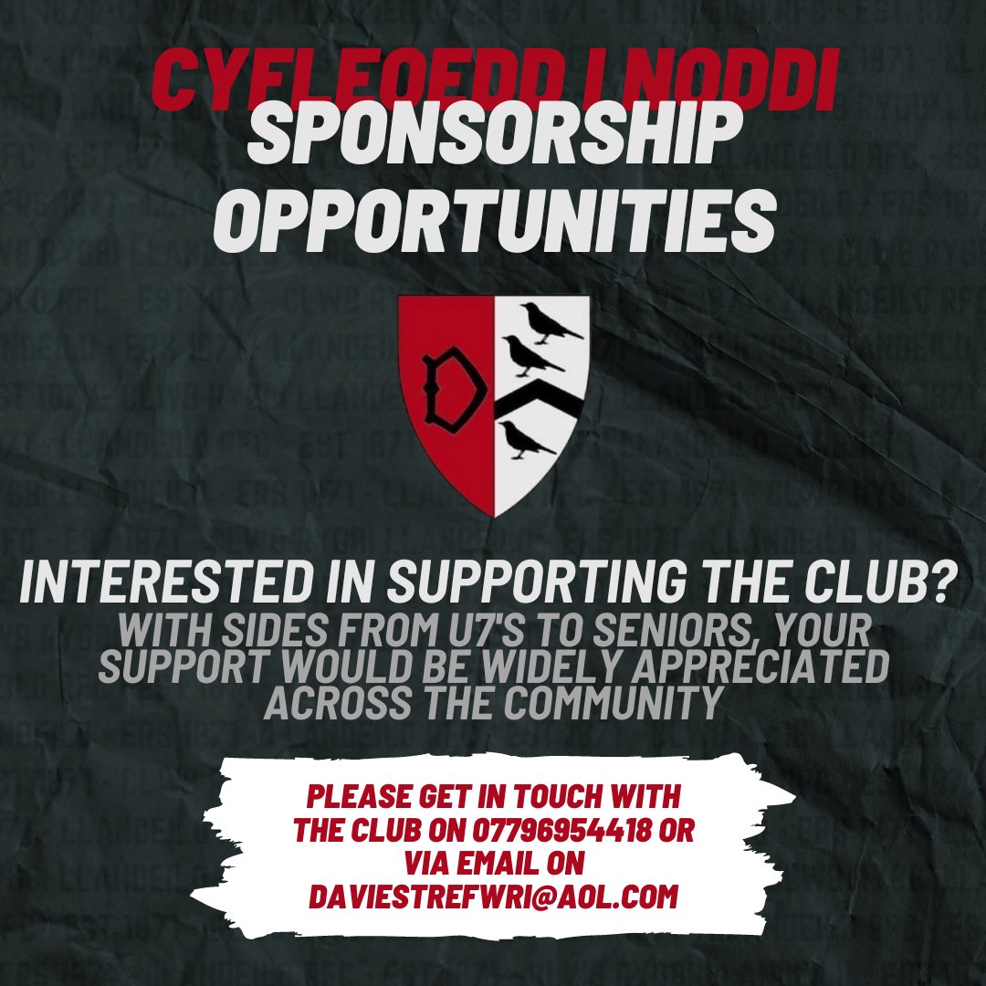 ⚫⚪ SPONSORSHIP OPPORTUNITIES ⚪⚫

Would you like to support your local club? With hundreds of families involved in the club, your support would be widely appreciated.

Please get in touch if you would like to explore some of the sponsorship opportunities we have. Diolch.