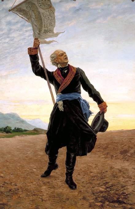 A painting of Miguel Hidalgo waving a banner bearing the image of the Virgin of Guadalupe, patron saint of Mexico