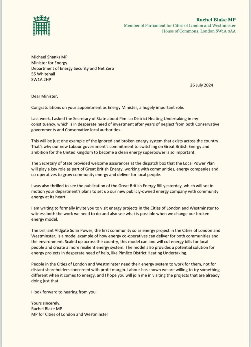 Rachel Blake (@rnblake) on Twitter photo Great to see Great British Energy Bill published with clear commitments to community-owned energy.
My letter to Energy Minister <a href="/mgshanks/">Michael Shanks MP</a> inviting him to visit energy projects in Cities of London and Westminster & to discuss how to fix our broken energy model. Great to see Great British Energy Bill published with clear commitments to community-owned energy.
My letter to Energy Minister <a href="/mgshanks/">Michael Shanks MP</a> inviting him to visit energy projects in Cities of London and Westminster & to discuss how to fix our broken energy model.