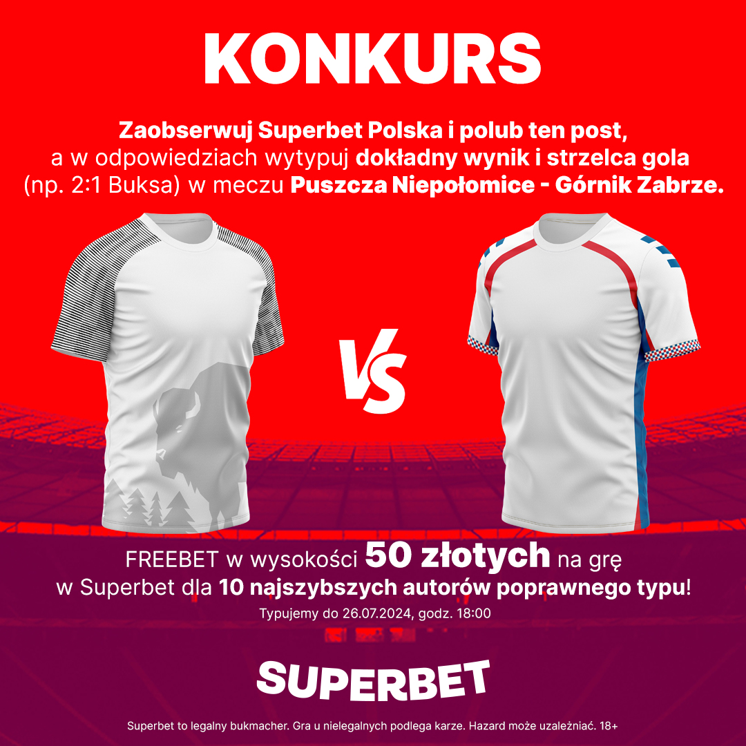 SuperbetPL's tweet photo. #KONKURS! Typujemy dokładny wynik oraz strzelca gola ⚽️ w meczu Puszcza Niepołomice - @GornikZabrzeSSA
---
✅ Zaobserwuj @SuperbetPL

❤️ Polub i daj RT 🔁
👤 Dodaj nick z Superbet
🎁 Nagroda - freebet 50 PLN💰
#PUNGÓR #Ekstraklasa https://t.co/XG3Ex8CO1P