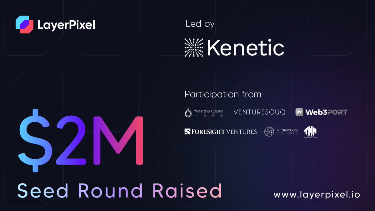 LayerPixel (@layerpixel_io) on Twitter photo Recently, LayerPixel successfully closed a $2 million seed funding round led by <a href="/KeneticCapital/">Kenetic</a>, with participation from <a href="/waterdripfund/">Waterdrip Capital</a>, <a href="/ForesightVen/">Foresight Ventures โ</a>, <a href="/VentureSouq/">VentureSouq</a>, <a href="/Web3Port_Labs/">Web3Port</a>, <a href="/MicrocosmLabs/">Microcosm Labs</a>, and <a href="/tmm_club/">TON Market Maker Club</a>, as well as dozens of angel investors. This funding will help Recently, LayerPixel successfully closed a $2 million seed funding round led by <a href="/KeneticCapital/">Kenetic</a>, with participation from <a href="/waterdripfund/">Waterdrip Capital</a>, <a href="/ForesightVen/">Foresight Ventures โ</a>, <a href="/VentureSouq/">VentureSouq</a>, <a href="/Web3Port_Labs/">Web3Port</a>, <a href="/MicrocosmLabs/">Microcosm Labs</a>, and <a href="/tmm_club/">TON Market Maker Club</a>, as well as dozens of angel investors. This funding will help