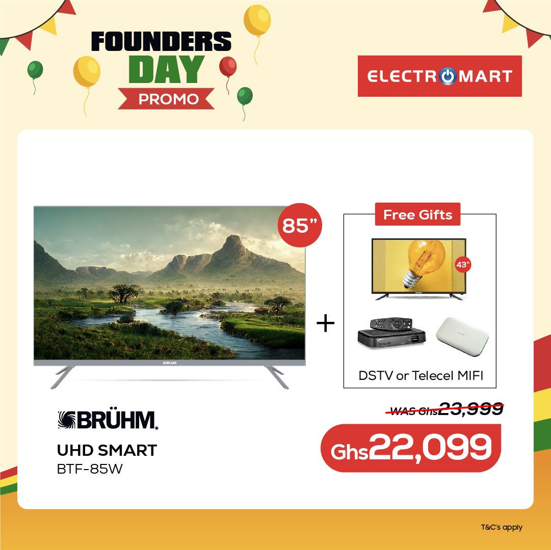 ElectromartGh's tweet photo. Best of the Best on all Bruhm TVs in this founders Day Promo.
Head to any Electromart showroom now and get one plus amazing free Gifts on every purchase.
Order on our new website at https://t.co/b5MWDAfs0z &amp; enjoy free delivery.(T&amp;C Apply)
Rush now! Call or WhatsApp  0552777905 https://t.co/QuhnZdWyJL