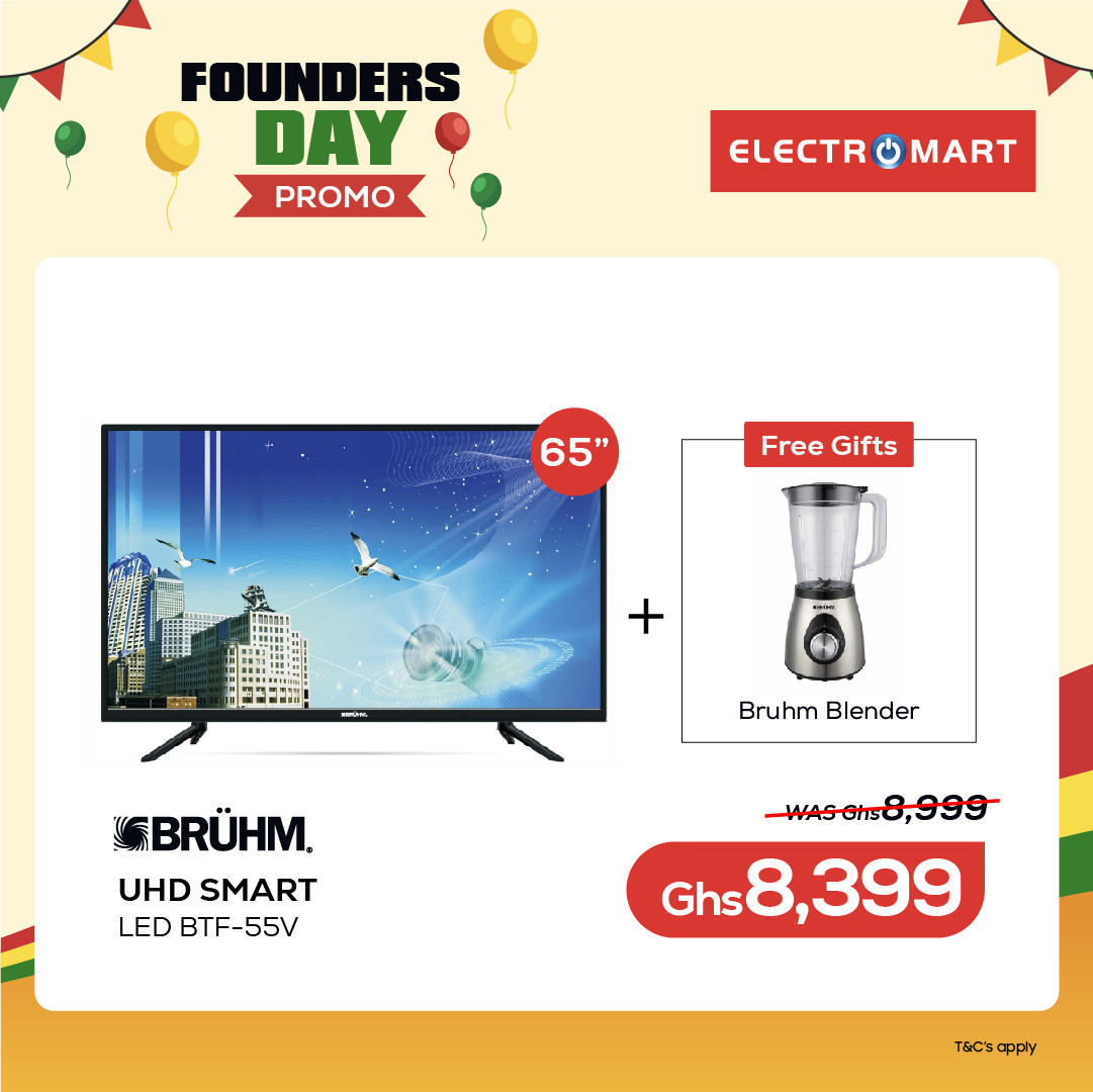 ElectromartGh's tweet photo. Best of the Best on all Bruhm TVs in this founders Day Promo.
Head to any Electromart showroom now and get one plus amazing free Gifts on every purchase.
Order on our new website at https://t.co/b5MWDAfs0z &amp; enjoy free delivery.(T&amp;C Apply)
Rush now! Call or WhatsApp  0552777905 https://t.co/QuhnZdWyJL