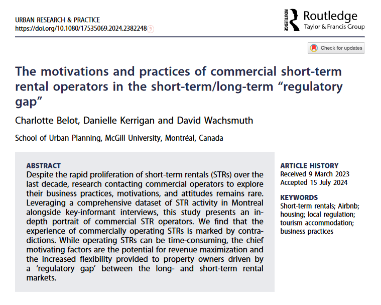 JournalURP's tweet photo. New research paper published by Charlotte Belot, Danielle Kerrigan & David Wachsmuth (@dwachsmuth)
https://t.co/0iESqwVT0O
#ShortTermRentals #Airbnb #Housing #LocalRegulation #TourismAccommodation #BusinessPractices https://t.co/WDH3ndASDd