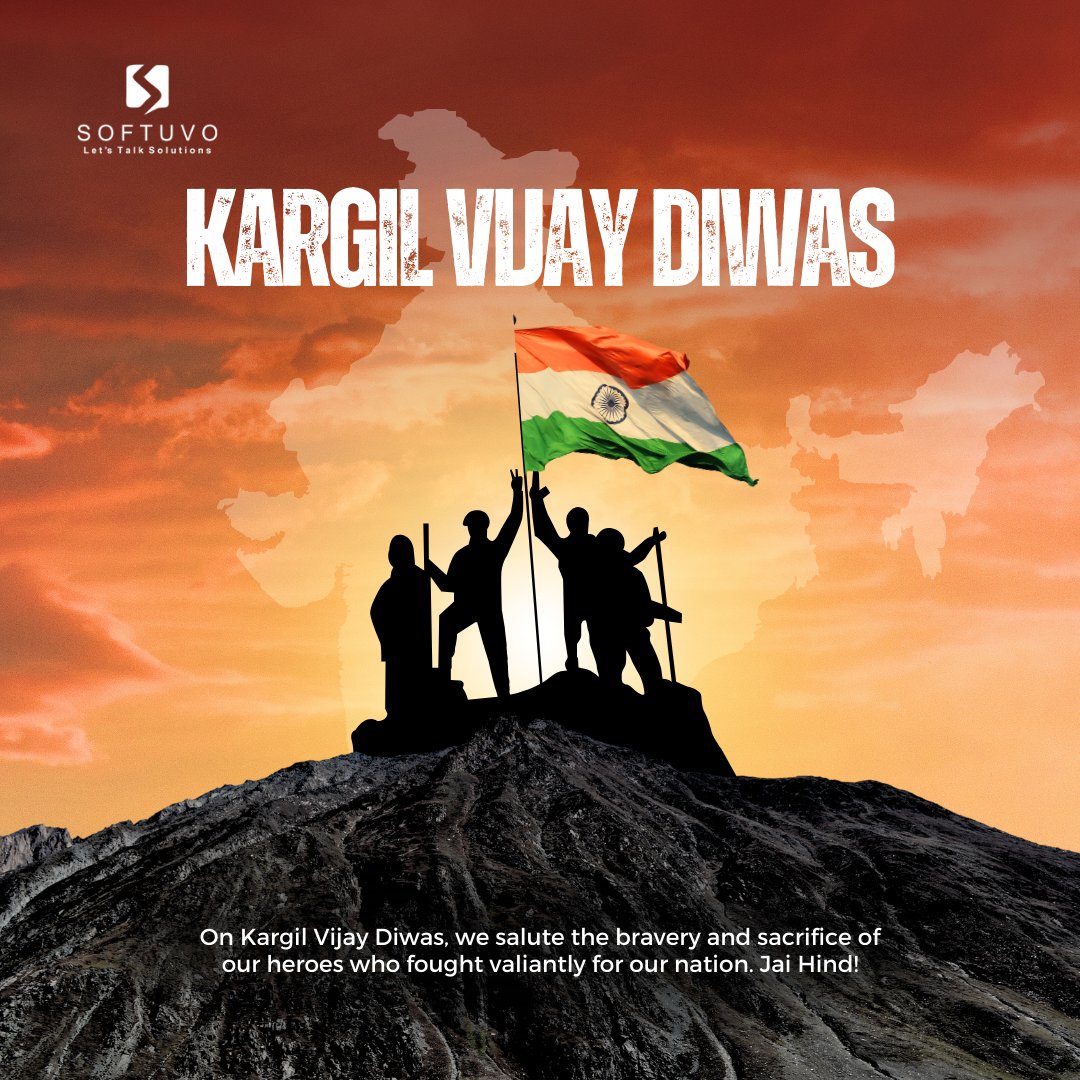 softuvo's tweet photo. Honoring the bravery and sacrifices of our soldiers on Kargil Vijay Diwas. At Softuvo, we salute the heroes who defended our nation with unwavering courage. 

𝐉𝐚𝐢 𝐇𝐢𝐧𝐝! 

#KargilVijayDiwas #SoftuvoSalutes #HeroesOfKargil https://t.co/dFYYmcgT6K