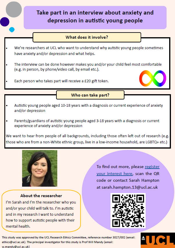 SarahCHampton's tweet image. We&apos;d like to speak to autistic young people and parents about anxiety and depression. We want to better understand why many autistic young people have anxiety and depresion and how to help. Let us know if you&apos;re interested and/or please pass on to others. RTs gratefully received!
