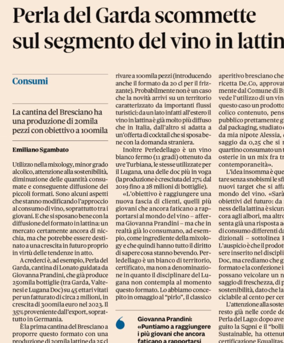 ❓Vino il lattina: è davvero un new trend?
.
➡️ Giovanna Prandini, a capo di <a href="/perladelgarda/">Perla del Garda</a>, propone un vino in lattina per la prima volta nella provincia di Brescia. Il <a href="/sole24ore/">IlSole24ORE</a> di oggi (e Viniplus di <a href="/AisLombardia/">AIS Lombardia</a>)
.
linkedin.com/posts/sara-mis…