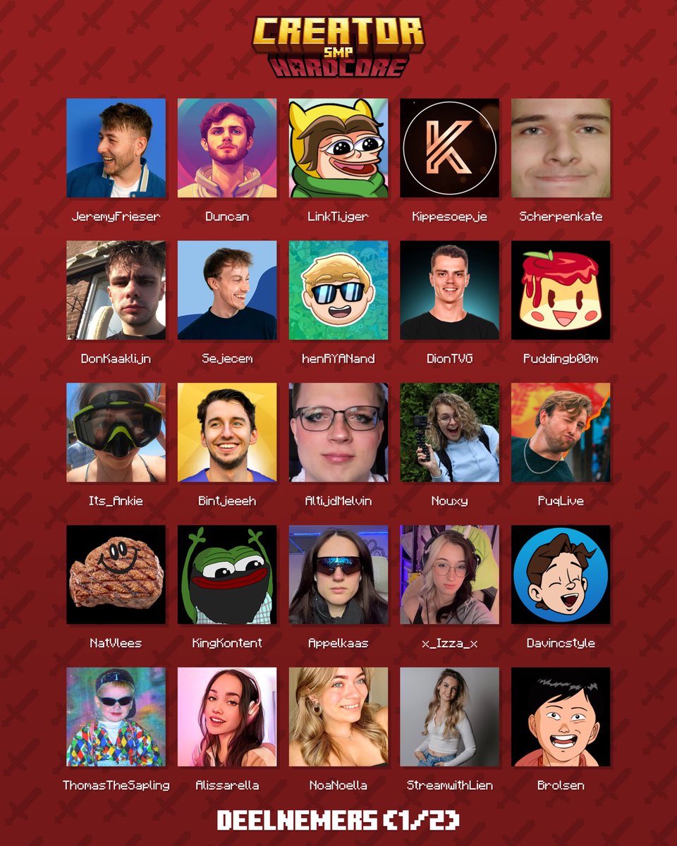JeremyFrieser's tweet photo. Confirmed CreatorSMP Hardcore Roster, 50 creators, 30 days, 1 winner, starting tomorrow! https://t.co/EbAr2GO2y3