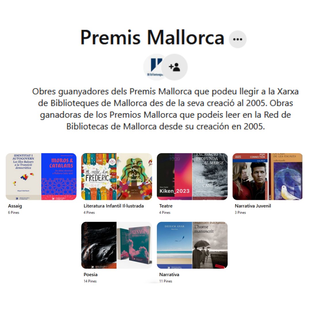 bibliomallorca's tweet photo. Vols llegir un Premi Mallorca?
Els tens a la Xarxa de Biblioteques de Mallorca.
Els hem reunit al Pinterest de Bibliomallorca
👉🏽https://t.co/RccMH585Ub
Si clicau a les portades accedireu al catàleg i sabreu en quines biblioteque es troben😉
#PremisLiteraris #PremisMallorca https://t.co/wX0rLMEVme