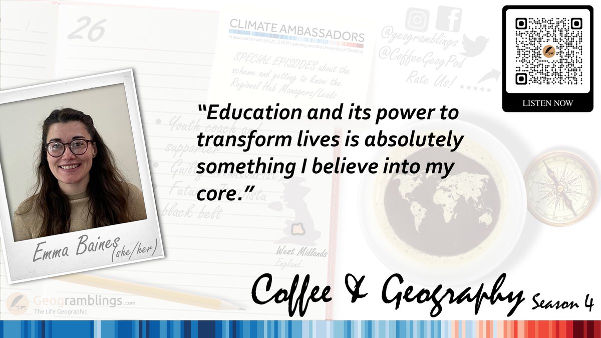 CoffeeGeogPod's tweet image. #EduTwitter, inspire your students with real-world climate action. Listen to our latest #ClimateAmbassadors podcast with @KeeleUniversity's Emma Baines, transforming education in the West Midlands. soundcloud.com/geogramblings/… 🎓🌍