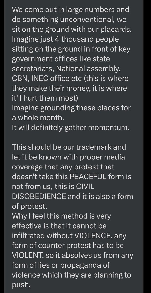 General_Oluchi's tweet image. I like this protest idea. Sitting on the floor might just be the right way to occupy places. If someone is coming to attack protesters, it will be easy to see quickly.
Please read and pass around.