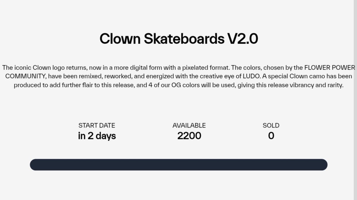 Mint Alert 🚨

2 Hours to go <a href="/CLOWN_SB/">clown skateboards</a> V2 Whitelist Sale begins ⚡🚀

✅ Supply : 2200
✅ Price : 5 $ICP or 300 SEED
✅ Launchpad : mint.fpdao.app

#ICP #SNS $ICP #launchpad #NFT