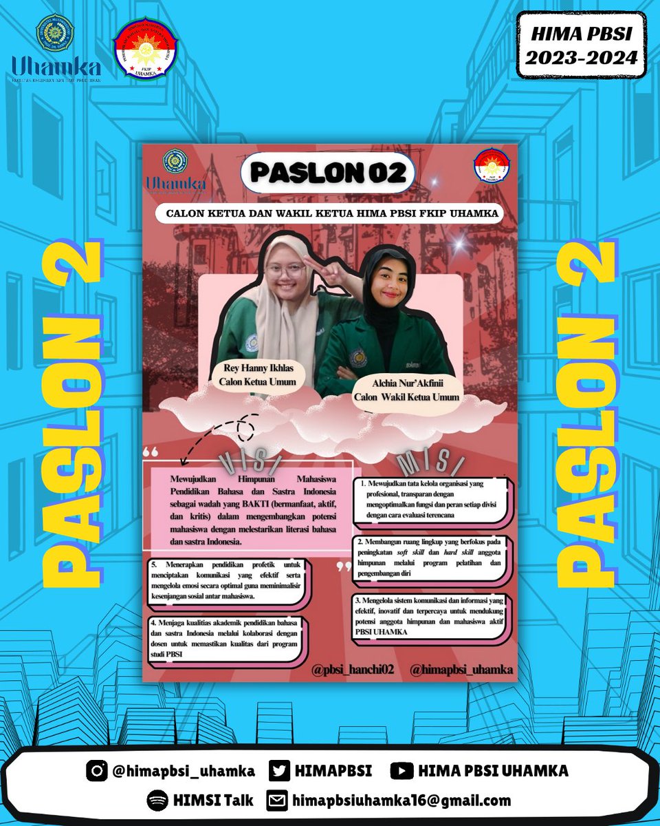 HIMAPBSI's tweet photo. 🗳PEMIRA 2024 PASLON🗳

📸 IG : @himapbsi_uhamka
🕊️ Twitter : @HIMAPBSI
📧 Gmail : himapbsiuhamka16@gmail.com
🎥 YouTube : HIMA PBSI UHAMKA
🎙 Spotify : HIMSI Talk
🌐 Website : https://t.co/Nj9l8G145I

#HIMAPBSI
#SATUBANGSA
#SATUBAHASA
#INDONESIA https://t.co/fuXf2R1nOp