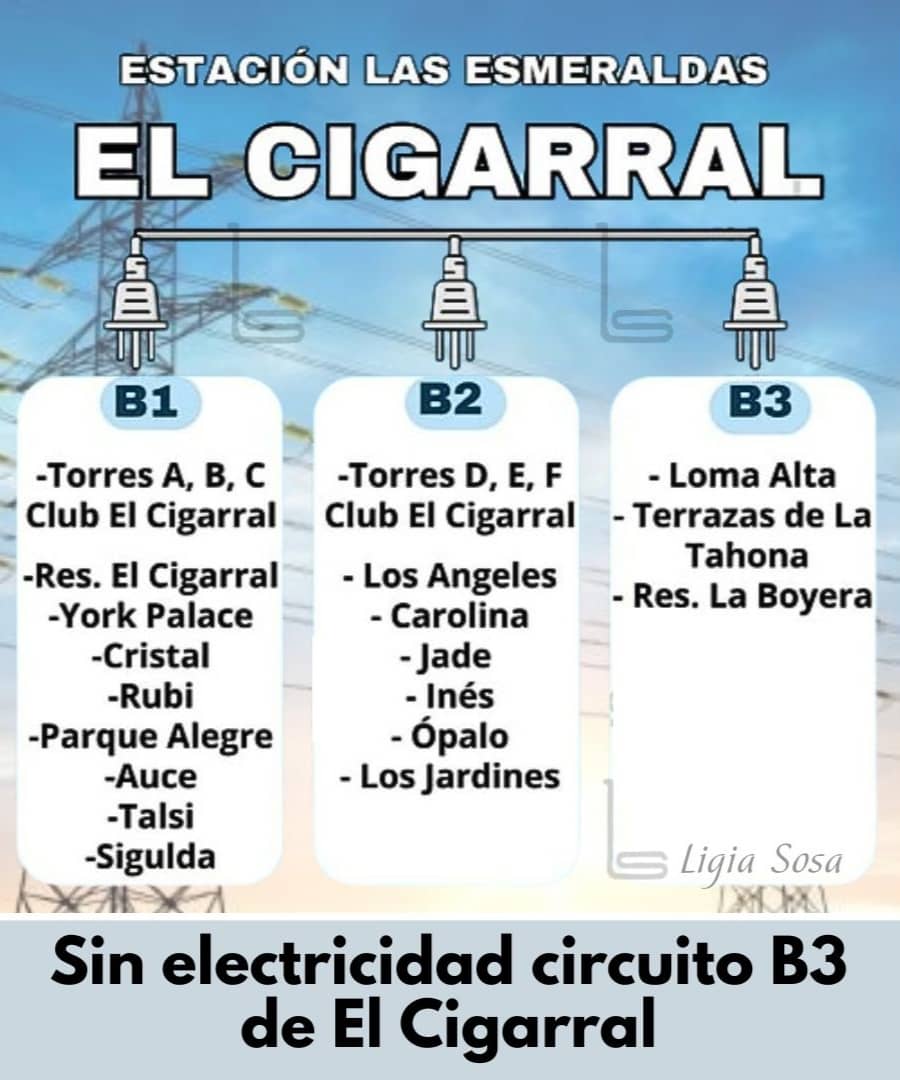 Reportando sin servicio eléctrico <a href="/CorpoelecInfo/">Corporación Eléctrica Nacional</a> circuito B3 #ElCigarral #Elhatillo <a href="/ServiciosEH/">ServiciosElHatillo</a> <a href="/ElHatillo/">Alcaldía El Hatillo</a> #26julio24 6:50 AM