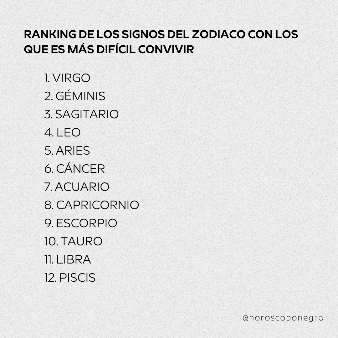 horoscoponegro's tweet photo. Ranking de los signos con los que es más difícil convivir 🔮 https://t.co/4lk50ttlnS