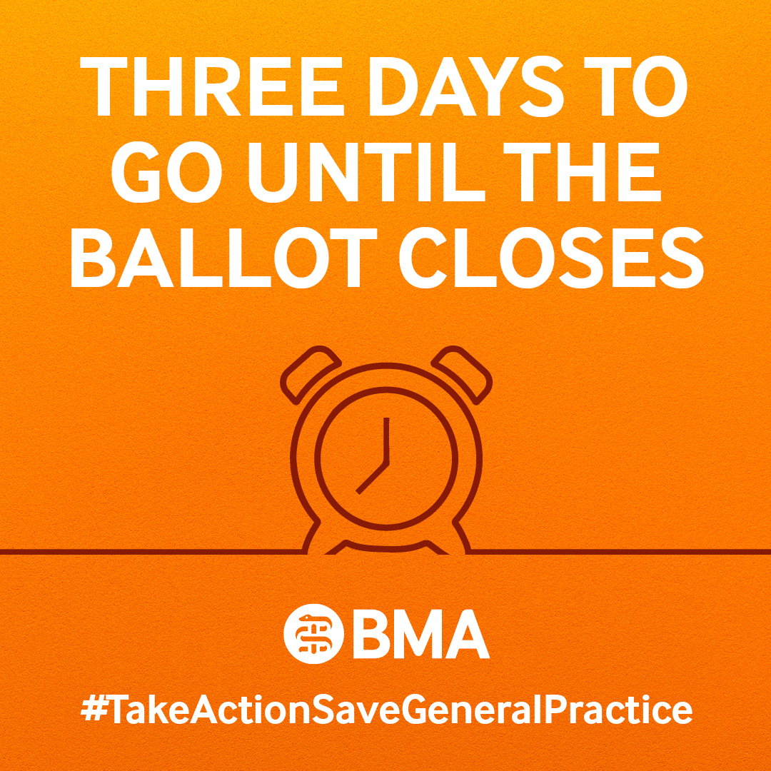 BMA_GP's tweet image. Just three days left now until the ballot closes at MIDDAY on 29 July for GP contractors/partners in England. As a member, make your vote count and say yes to #TakeActionSaveGeneralPractice

bma.org.uk/our-campaigns/…