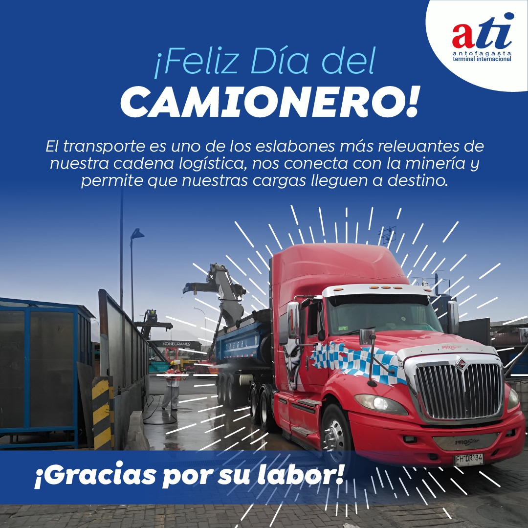 ¡Hoy saludamos  a todos los camioneros en su día! Desde ATI, queremos destacar su labor como parte esencial de la cadena productiva local y su importante contribución al desarrollo de nuestra región. 

#DíaDelCamionero #Antofagasta #CadenaProductiva #DesarrolloRegional #ATI
